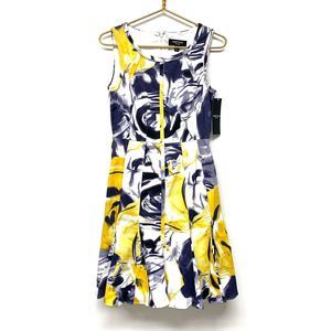 Chetta B Dress Womens Size 2 Fit & Flare Sleeveless Navy Blue Yellow Cotton NWT